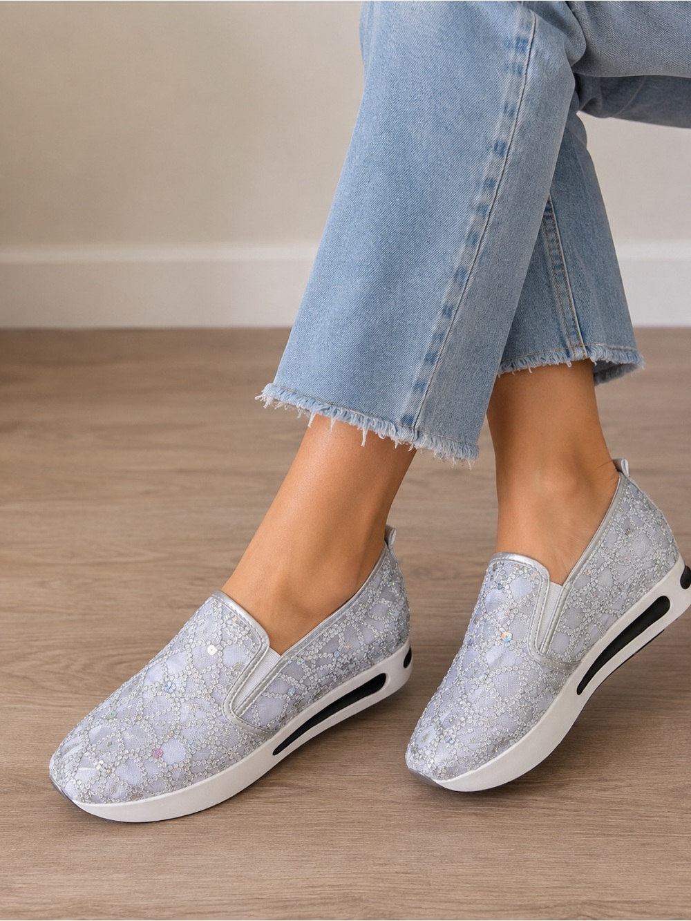 Silver Sequin Platform Slip-On Sneakers Women’s EU 43 US 12 NWOT Sparkle Shoes